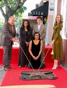 HOLLYWOOD, CALIFORNIA - FEBRUARY 18: (L-R) Steven Nissen, President & CEO, Hollywood Chamber of Commerce, Nithya Raman, Mindy Kaling, B. J. Novak and Sarah Zurell, Chair of the Board, Hollywood Chamber of Commerce attend Mindy Kaling's Hollywood Walk of Fame Star Ceremony on February 18, 2025 in Hollywood, California.   Monica Schipper/Getty Images/AFP (Photo by Monica Schipper / GETTY IMAGES NORTH AMERICA / Getty Images via AFP) (Getty Images via AFP)