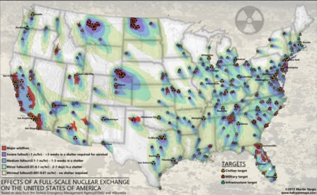 A map reveals that 250 million Americans could face devastating fallout in the event of a nuclear strike, with only a few regions remaining temporarily safe. (Halcyon Maps) A map reveals that 250 million Americans could face devastating fallout in the event of a nuclear strike, with only a few regions remaining temporarily safe. (Halcyon Maps)