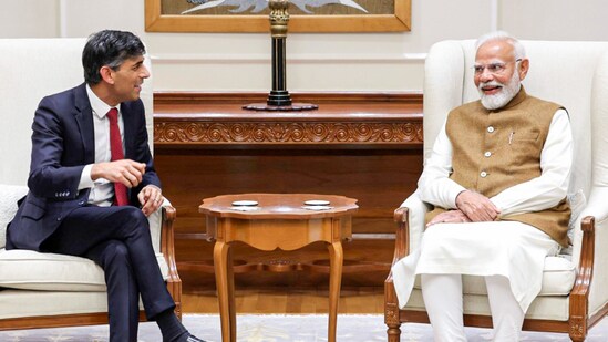 Prime Minister Narendra Modi meets Former UK Prime Minister Rishi Sunak, in New Delhi on Tuesday. (Narendra Modi-X)
