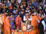 Delhi chief minister Rekha Gupta, along with her cabinet colleagues, participate in Yamuna Aarti at Vasudev Ghat in New Delhi on Thursday, February 20, 2025. Delhi chief minister Rekha Gupta, along with her cabinet colleagues, participate in Yamuna Aarti at Vasudev Ghat in New Delhi on Thursday, February 20, 2025.