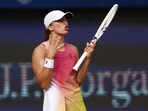 Poland's Iga Swiatek reacts during her quarter final match against Russia's Mirra Andreeva