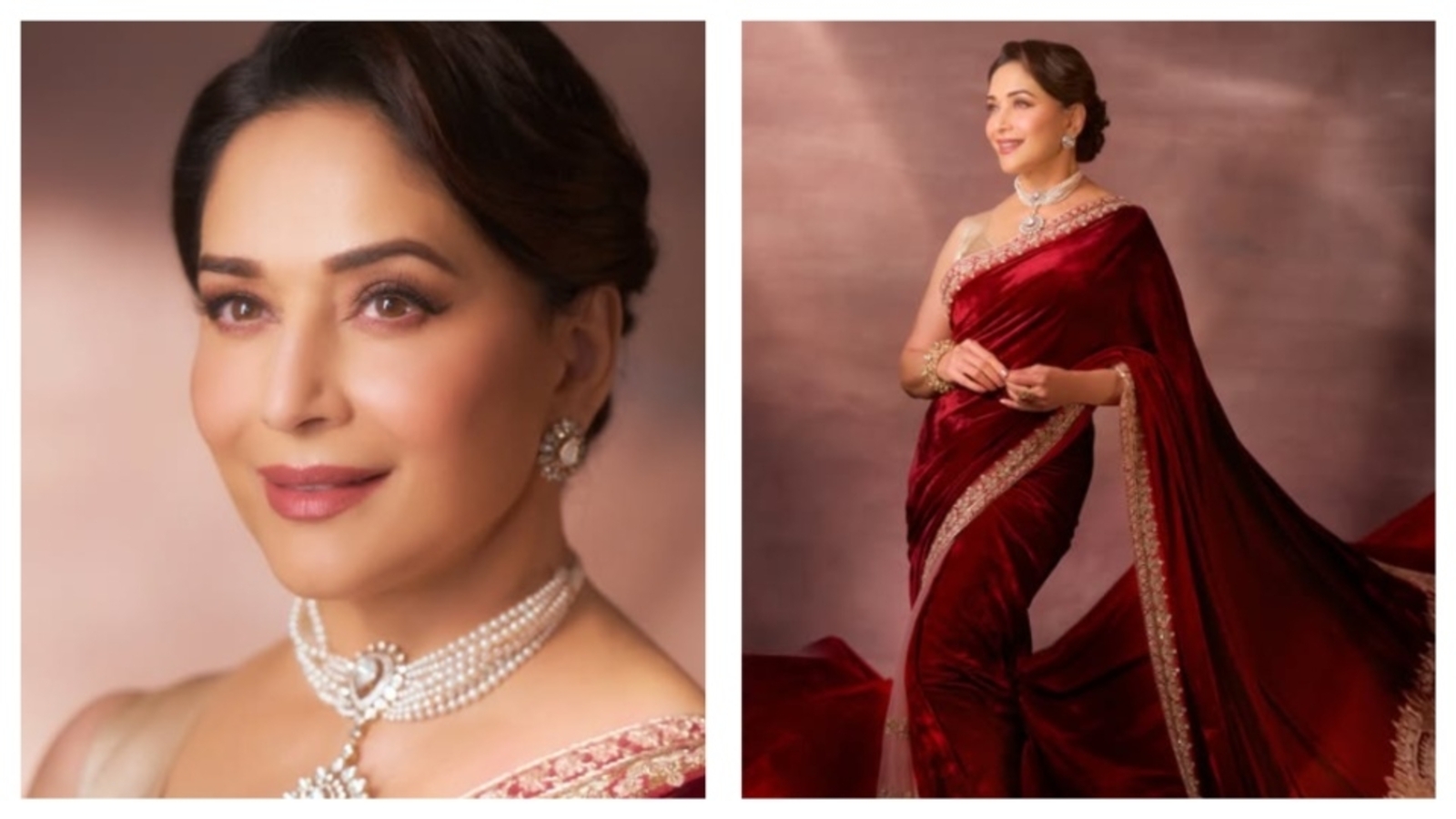 Madhuri Dixit is a vision to behold in red velvet saree and pearl choker; channels old-Bollywood charm