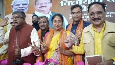Delhi CM oath ceremony: BJP Central Observer Ravi Shankar Prasad, party’s Delhi President Virendra Sachdeva, party leader and Delhi Chief Minister-designate Rekha Gupta and party leaders Satish Upadhyay and Parvesh Verma after the BJP legislature party meeting at the party office, in New Delhi on Wednesday. (HT_PRINT) Delhi CM oath ceremony: BJP Central Observer Ravi Shankar Prasad, party’s Delhi President Virendra Sachdeva, party leader and Delhi Chief Minister-designate Rekha Gupta and party leaders Satish Upadhyay and Parvesh Verma after the BJP legislature party meeting at the party office, in New Delhi on Wednesday. (HT_PRINT)
