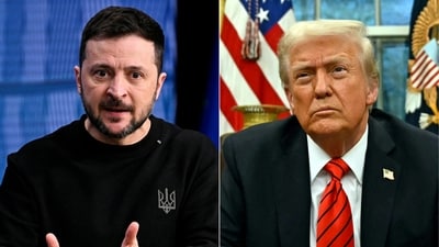 L-R, Ukraine's President Volodymyr Zelensky in Brussels on December 19, 2024 and US President Donald Trump in Washington, DC, on February 10, 2025. (AFP) L-R, Ukraine's President Volodymyr Zelensky in Brussels on December 19, 2024 and US President Donald Trump in Washington, DC, on February 10, 2025. (AFP)