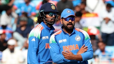 India's Rohit Sharma in action as KL Rahul looks on (REUTERS)