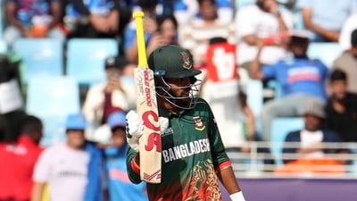 Bangladesh's Towhid Hridoy celebrates reaching his century (REUTERS)