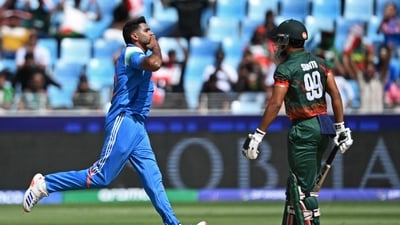 India's Harshit Rana celebrates after taking the wicket of Bangladesh's captain Najmul Hossain Shanto (R) during the ICC Champions Trophy one-day international (ODI) cricket match between Bangladesh and India (AFP) India's Harshit Rana celebrates after taking the wicket of Bangladesh's captain Najmul Hossain Shanto (R) during the ICC Champions Trophy one-day international (ODI) cricket match between Bangladesh and India (AFP)