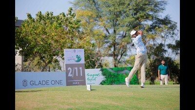 Chandigarh’s Yuvraj Sandhu in action during the  ₹1 crore Glade One presents Gujarat Open 2025 being played at the Glade One Golf Resort and Club, Ahmedabad. (HT Photo)