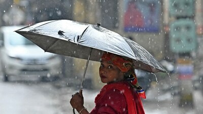 A woman holds an umbrella as she walks along a road amid rainfall, Representative image (AFP) A woman holds an umbrella as she walks along a road amid rainfall, Representative image (AFP)