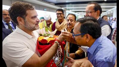Leader of Opposition in the Lok Sabha Rahul Gandhi being welcomed by Congress leaders and supporters on his arrival in his parliamentary constituency Rae Bareli, Thursday. (PTI Photo) Leader of Opposition in the Lok Sabha Rahul Gandhi being welcomed by Congress leaders and supporters on his arrival in his parliamentary constituency Rae Bareli, Thursday. (PTI Photo)