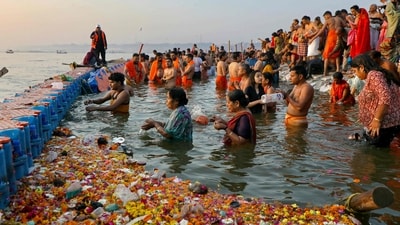 Pilgrims take a holy dip in Sangam, the confluence of Ganges, Yamuna and mythical Saraswati rivers, on the occasion of Maghi Purnima during the Maha Kumbh Mela festival in Prayagraj on February 12, 2025. (File) (AFP) Pilgrims take a holy dip in Sangam, the confluence of Ganges, Yamuna and mythical Saraswati rivers, on the occasion of Maghi Purnima during the Maha Kumbh Mela festival in Prayagraj on February 12, 2025. (File) (AFP)