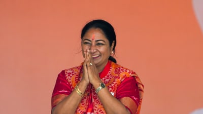 Newly sworn-in Delhi Chief Minister Rekha Gupta during the oath ceremony of the Delhi government, in New Delhi on Thursday. (PTI) Newly sworn-in Delhi Chief Minister Rekha Gupta during the oath ceremony of the Delhi government, in New Delhi on Thursday. (PTI)