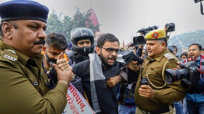 Former JNU student and activist Umar Khalid was being detained by police during an anti-Citizenship Act protest, in New Delhi. (File) (PTI) Former JNU student and activist Umar Khalid was being detained by police during an anti-Citizenship Act protest, in New Delhi. (File) (PTI)