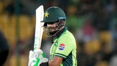 Pakistan's Babar Azam reacts as he walks off the field after his dismissal. (AP) Pakistan's Babar Azam reacts as he walks off the field after his dismissal. (AP)