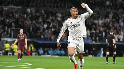Real Madrid's forward Kylian Mbappe celebrates scoring the opening goal against Manchester City. (AFP) Real Madrid's forward Kylian Mbappe celebrates scoring the opening goal against Manchester City. (AFP)