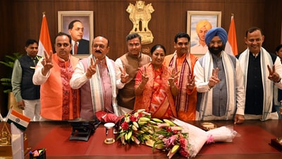 Delhi CM Rekha Gupta along with her cabinet colleague at the Secretariat in New Delhi on Thursday, February 20, 2025. (Arvind Yadav/ Hindustan Times) Delhi CM Rekha Gupta along with her cabinet colleague at the Secretariat in New Delhi on Thursday, February 20, 2025. (Arvind Yadav/ Hindustan Times)