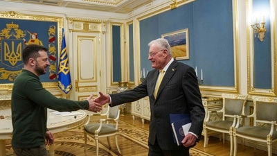 U.S. Special Envoy for Ukraine and Russia Keith Kellogg, right, and Ukraine's President Volodymyr Zelenskyy shake hands during their meeting in Kyiv, Ukraine. (AP) U.S. Special Envoy for Ukraine and Russia Keith Kellogg, right, and Ukraine's President Volodymyr Zelenskyy shake hands during their meeting in Kyiv, Ukraine. (AP)