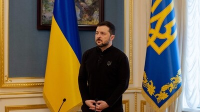 Ukraine's President Volodymyr Zelensky gives a press conference in Kyiv (Photo by Tetiana DZHAFAROVA / POOL / AFP) (AFP) Ukraine's President Volodymyr Zelensky gives a press conference in Kyiv (Photo by Tetiana DZHAFAROVA / POOL / AFP) (AFP)
