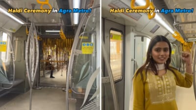 Influencer Divyata Upadhyay shared a viral video of a supposed Haldi ceremony in Agra Metro. (Instagram/approved_by_divyata) Influencer Divyata Upadhyay shared a viral video of a supposed Haldi ceremony in Agra Metro. (Instagram/approved_by_divyata)