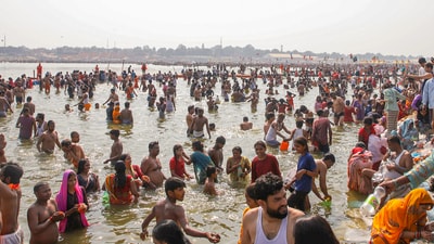 Devotees take a dip at Triveni Sangam during the ongoing 'Maha Kumbh Mela 2025', in Prayagraj. (ANI) Devotees take a dip at Triveni Sangam during the ongoing 'Maha Kumbh Mela 2025', in Prayagraj. (ANI)