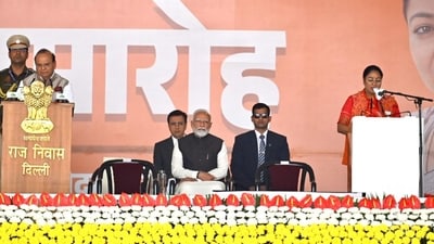 The swearing-in ceremony was attended by Prime Minister Narendra Modi, along with Union ministers Amit Shah, JP Nadda, and Rajnath Singh. (HT photo/Sanchit) The swearing-in ceremony was attended by Prime Minister Narendra Modi, along with Union ministers Amit Shah, JP Nadda, and Rajnath Singh. (HT photo/Sanchit)
