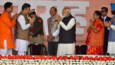 Prime Minister Narendra Modi was seen with Delhi CM Rekha Gupta and her cabinet ministers during the swearing-in ceremony at Ramlila Maidan. (HT photo/Sanchit Khanna) Prime Minister Narendra Modi was seen with Delhi CM Rekha Gupta and her cabinet ministers during the swearing-in ceremony at Ramlila Maidan. (HT photo/Sanchit Khanna)