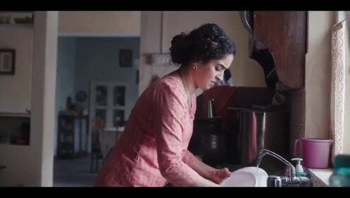 In a scene from Mrs, where Sanya Malhotra's character cleans the dishes left by the men in the house. In a scene from Mrs, where Sanya Malhotra's character cleans the dishes left by the men in the house.