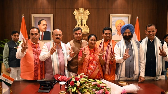 Delhi CM Rekha Gupta along with her cabinet colleagues in New Delhi on Thursday, February 20, 2025. ( (Arvind Yadav/ Hindustan Times)
