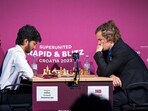 D Gukesh and Magnus Carlsen during a match. D Gukesh and Magnus Carlsen during a match.
