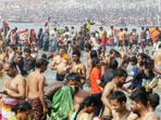 Devotees take a dip at Triveni Sangam during the ongoing Maha Kumbh 2025, in Prayagraj on Thursday. (ANI Photo)
Devotees take a dip at Triveni Sangam during the ongoing Maha Kumbh 2025, in Prayagraj on Thursday. (ANI Photo)