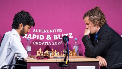 D Gukesh and Magnus Carlsen during a match.