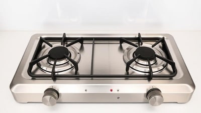 Sleek stainless steel 2-burner gas stove for efficient cooking. Sleek stainless steel 2-burner gas stove for efficient cooking.