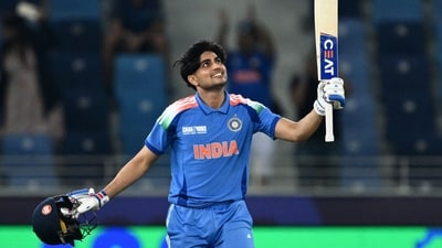 India's Shubman Gill celebrates after scoring a century (100 runs) during the ICC Champions Trophy one-day international (ODI) cricket match between Bangladesh and India (AFP) India's Shubman Gill celebrates after scoring a century (100 runs) during the ICC Champions Trophy one-day international (ODI) cricket match between Bangladesh and India (AFP)
