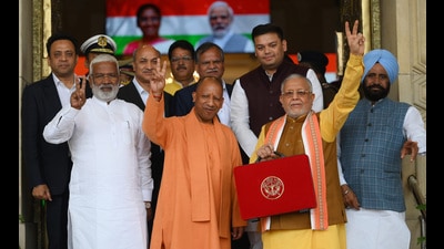 Chief minister Yogi Adityanath with state finance minister Suresh Kumar Khanna before the presentation of the State Budget 2025-26 in the Assembly, in Lucknow on Thursday (Deepak Gupta/ HT) Chief minister Yogi Adityanath with state finance minister Suresh Kumar Khanna before the presentation of the State Budget 2025-26 in the Assembly, in Lucknow on Thursday (Deepak Gupta/ HT)