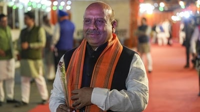 Delhi BJP MLA Vijender Gupta at the party office on Wednesday. (PTI Photo) (HT_PRINT)