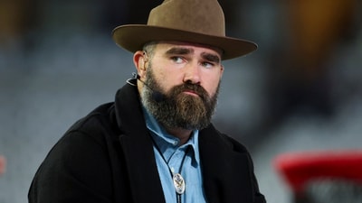 Nov 18, 2024; Arlington, Texas, USA;  ESPN personality and former Philadelphia Eagles center Jason Kelce on set before the game between the Dallas Cowboys and Houston Texans at AT&T Stadium. Mandatory Credit: Kevin Jairaj-Imagn Images (USA TODAY Sports via Reuters Con)