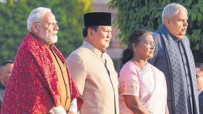 President Droupadi Murmu, Vice President Jagdeep Dhankhar, Prime Minister Narendra Modi and President of Indonesia Prabowo Subianto during the 'At-Home' reception on the occasion of the 76th Republic Day, at the Rashtrapati Bhavan. (PTI) President Droupadi Murmu, Vice President Jagdeep Dhankhar, Prime Minister Narendra Modi and President of Indonesia Prabowo Subianto during the 'At-Home' reception on the occasion of the 76th Republic Day, at the Rashtrapati Bhavan. (PTI)