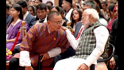 Prime Minister Narendra Modi with his Bhutanese counterpart Tshering Tobgay at the conclave in New Delhi on Friday. (PTI) Prime Minister Narendra Modi with his Bhutanese counterpart Tshering Tobgay at the conclave in New Delhi on Friday. (PTI)