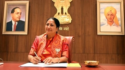 Rekha Gupta at the CM Office in New Delhi on Thursday. (Arvind Yadav/HT PHOTO) (HT_PRINT) Rekha Gupta at the CM Office in New Delhi on Thursday. (Arvind Yadav/HT PHOTO) (HT_PRINT)