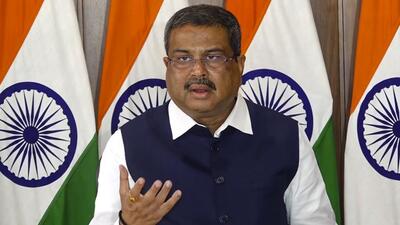 Union education minister Dharmendra Pradhan addresses the media on the implementation of NEP, in New Delhi on Friday. (PTI Photo)