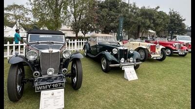 Vintage cars on display during the 11th edition of the 21 Gun Salute Concours d’Elegance at Ambience Golf Greens near Ambience Mall in Gurugram on Friday. (PARVEEN KUMAR/HT)