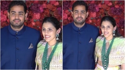Akash and Shloka Ambani also walked in gorgeous attires to attend the wedding ceremony of Aadar Jain and Alekha Addvani. (Ashutosh Rai) Akash and Shloka Ambani also walked in gorgeous attires to attend the wedding ceremony of Aadar Jain and Alekha Addvani. (Ashutosh Rai)