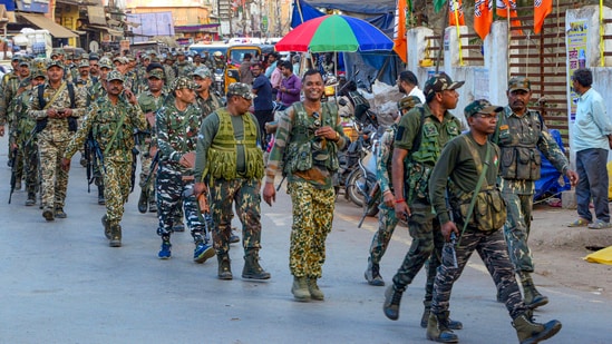 File image: Security personnel conduct a flag march on the eve of the Chhattisgarh local bodies elections, at Jagdalpur in Bastar district, Monday, Feb. 10, 2025. (PTI)