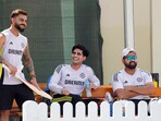 India's captain Rohit Sharma and teammates Virat Kohli and Shubman Gill during a practice session.