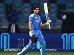 India's Shubman Gill celebrates after scoring a century (100 runs) during the ICC Champions Trophy