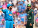 India's captain Rohit Sharma, left and Pakistan's Babar Azam talk before a match. India's captain Rohit Sharma, left and Pakistan's Babar Azam talk before a match.