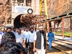 Telangana irrigation minister N Uttam Kumar Reddy visits the under construction stretch in the tunnel of Srisailam Left Bank Canal (SLBC) project where a section of roof collapsed, in Nagarkurnool district, Saturday, Feb 22, 2025. Telangana irrigation minister N Uttam Kumar Reddy visits the under construction stretch in the tunnel of Srisailam Left Bank Canal (SLBC) project where a section of roof collapsed, in Nagarkurnool district, Saturday, Feb 22, 2025.
