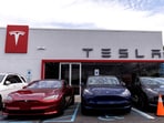 A file photo of Tesla electric vehicles parked in a Tesla dealer in Paramus, New Jersey.  