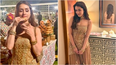 Shraddha Kapoor dazzles in a golden sharara set at a wedding in Ahmedabad. (Instagram/@shraddhakapoor) Shraddha Kapoor dazzles in a golden sharara set at a wedding in Ahmedabad. (Instagram/@shraddhakapoor)