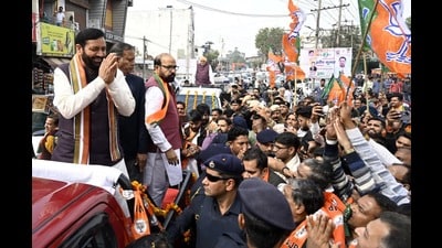 Haryana chief minister Nayab Singh Saini during a roadshow in Yamunanagar on Saturday. (HT Photo) Haryana chief minister Nayab Singh Saini during a roadshow in Yamunanagar on Saturday. (HT Photo)